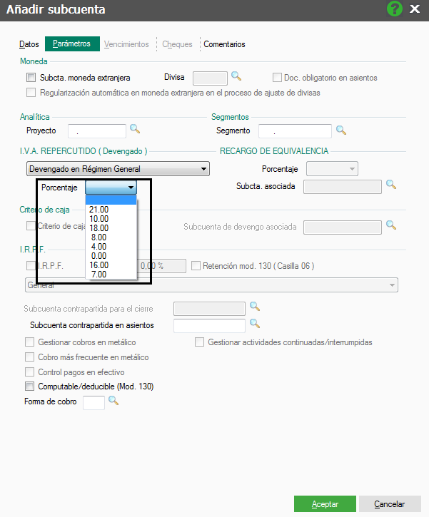 Como crear subcuentas de IVA en ContaPlus Flex