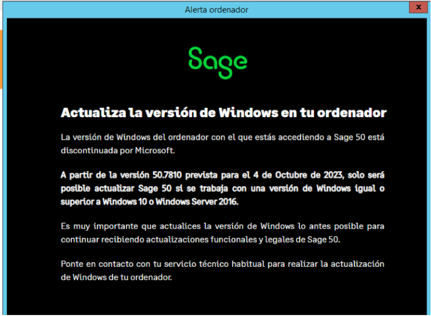 Ventana aviso actualización Sage 50